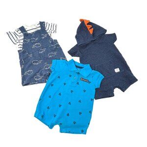 Baby Boy's 3 One Piece Outfits - Turquoise, Deep Blue, & Heather Blue - Size 3 M